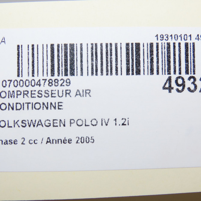 Compresseur air conditionne occasion VOLKSWAGEN POLO IV Phase 2 05-2005->09-2009 1.2i 65ch 6Q0820803G 7