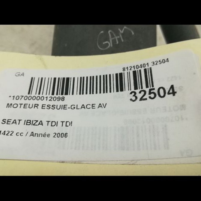 Moteur essuie-glace avant occasion SEAT IBIZA III Phase 2 03-2006->06-2009 1.4 TDI 80ch 6Q2955119A 6
