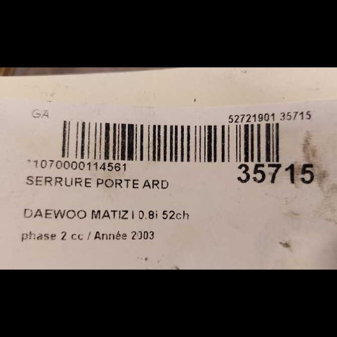 Serrure porte ard occasion DAEWOO MATIZ I phase 2 01-2001->12-2004 0.8i 52ch 96527759 3