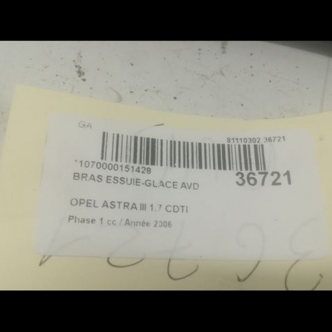 Bras essuie-glace avant droit occasion OPEL ASTRA III ASTRA III Phase 1 2004-04-01->2006-12-31 1.7 CDTI 100ch 93178941 2