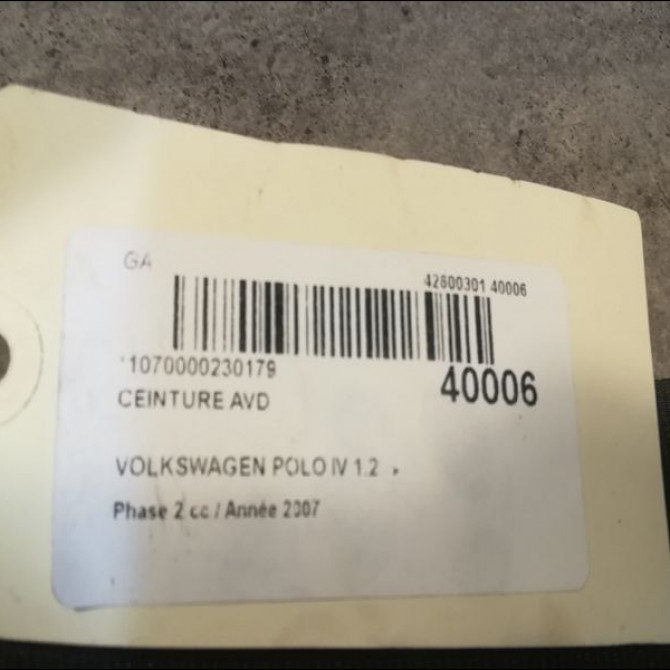 Ceinture avant droite occasion VOLKSWAGEN POLO IV Phase 2 05-2005->09-2009 1.2 60ch 6Q4857706MTTM 4