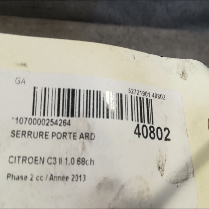 Serrure porte ard occasion CITROEN C3 II Phase 2 03-2013->12-2016 1.0 68ch 9800625180 3