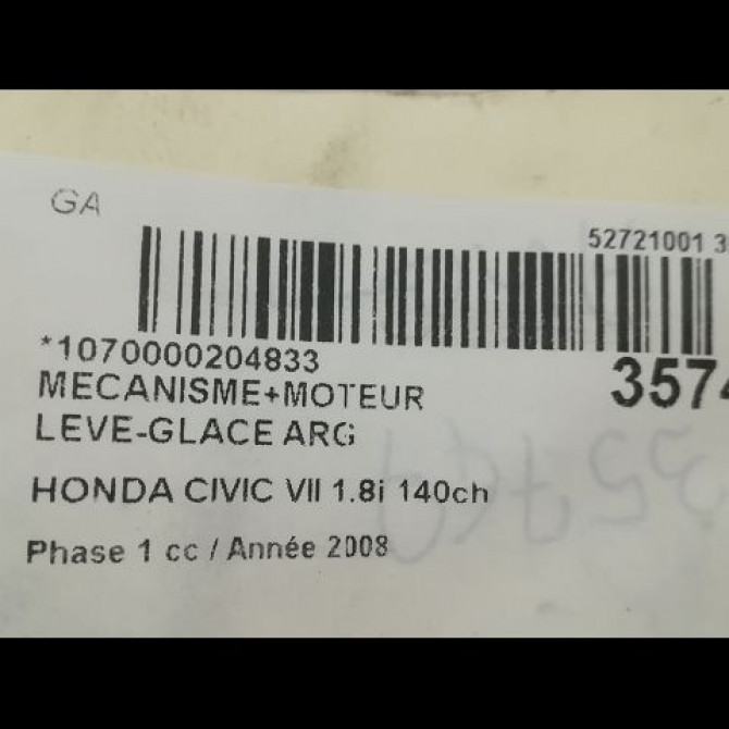 Mecanisme+moteur leve-glace arg occasion HONDA CIVIC VII Phase 1 01-2006->09-2008 1.8i 140ch 72750SMGE01 3