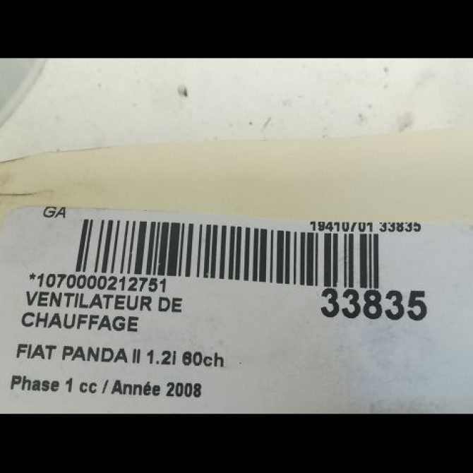 Ventilateur de chauffage occasion FIAT PANDA II Phase 1 09-2003->12-2012 1.2i 60ch 77362539 2