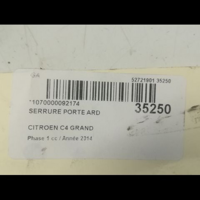Serrure porte ard occasion CITROEN C4 GRAND PICASSO II Phase 1 04-2013->... 1.6 e-HDi 115ch 9810311180 5
