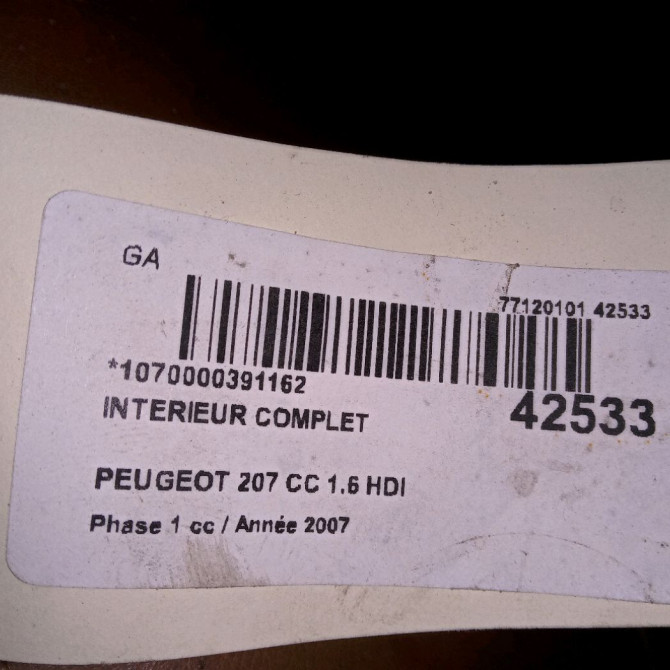 Interieur complet occasion PEUGEOT 207 CC Phase 1 03-2007->... 1.6 HDI 112ch 3