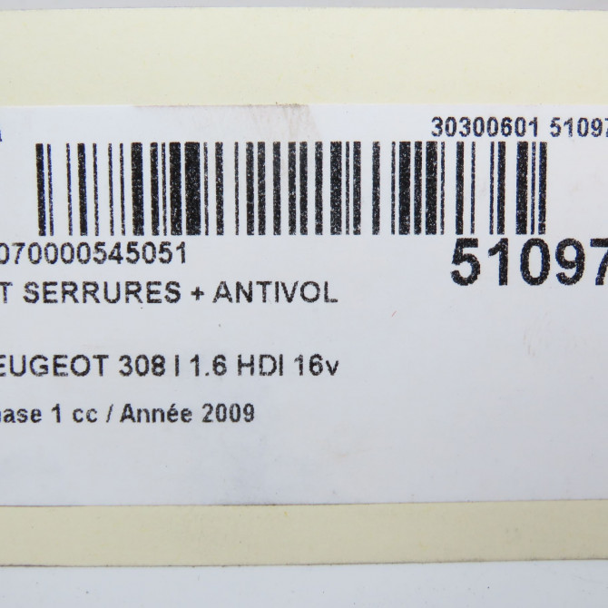 Kit serrures + antivol occasion PEUGEOT 308 I Phase 1 09-2007->03-2011 1.6 HDI 16v 90ch 4162SR 5
