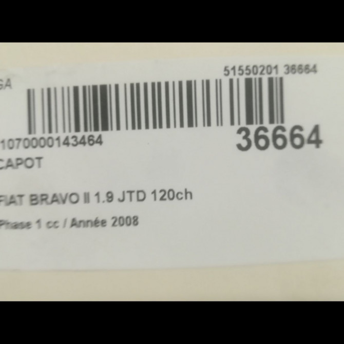 Capot occasion FIAT BRAVO II BRAVO II Phase 1 2007-03-01->2011-12-31 1.9 JTD 120ch 51775925 3