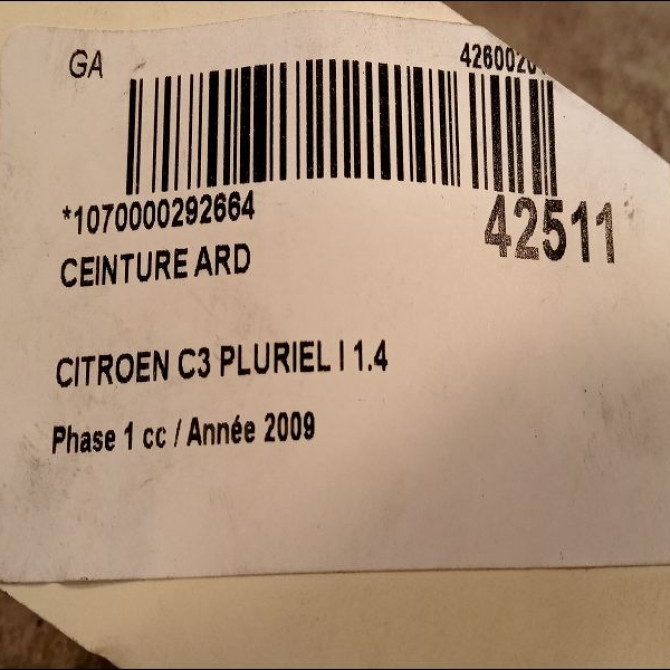 Ceinture arrière droite occasion CITROEN C3 PLURIEL I Phase 1 04-2003->09-2008 1.4 HDi 8973SS 4