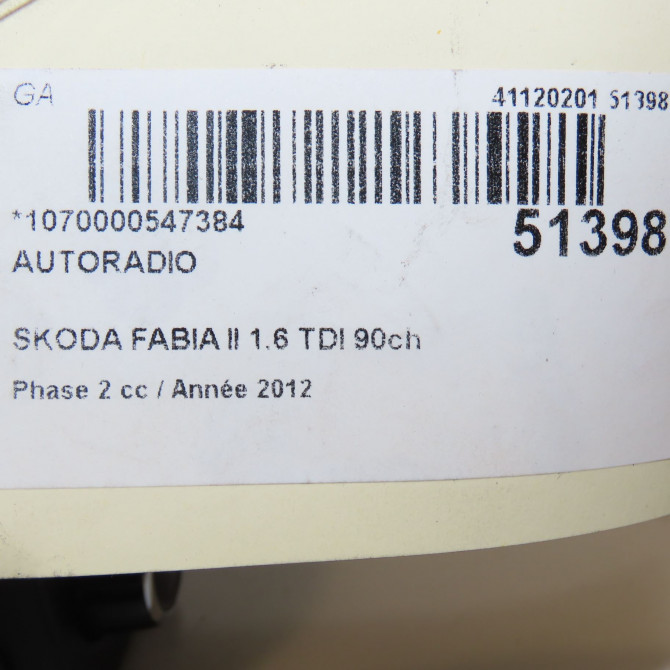 Autoradio occasion SKODA FABIA II Phase 2 03-2010->12-2014 1.6 TDI 90ch 5J0051230C 5
