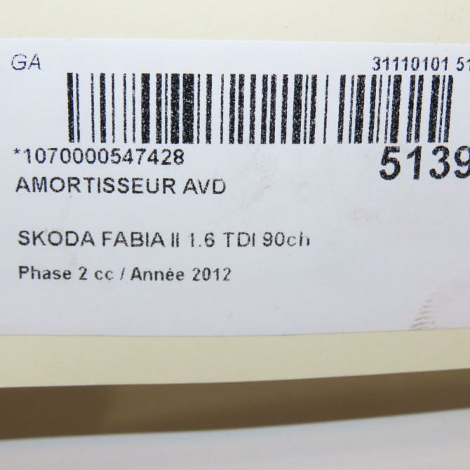 Amortisseur avant droit occasion SKODA FABIA II Phase 2 03-2010->12-2014 1.6 TDI 90ch 6Q0413031BJ 3
