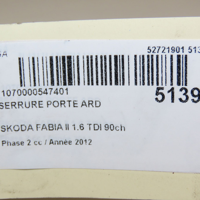 Serrure porte ard occasion SKODA FABIA II Phase 2 03-2010->12-2014 1.6 TDI 90ch 5N0839016R 6