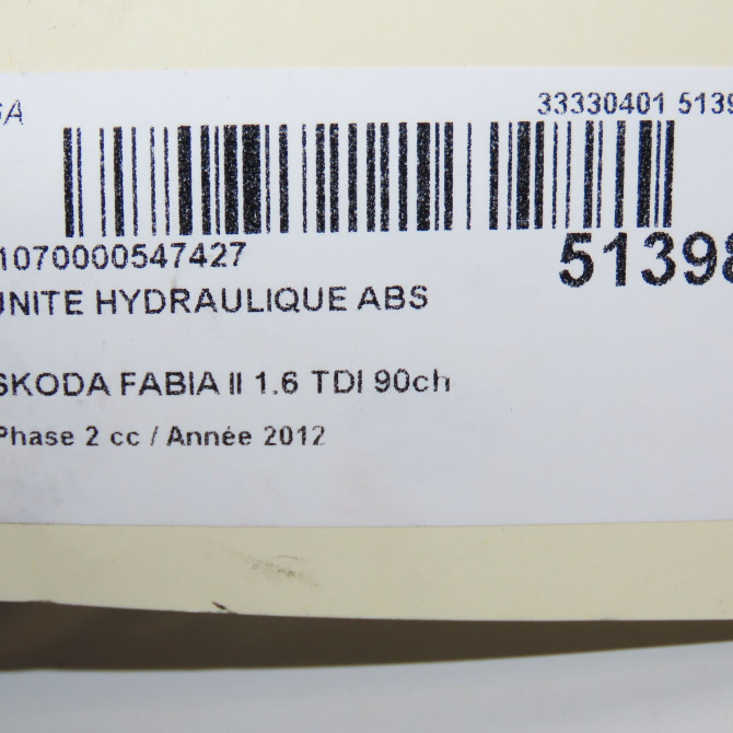 Unité hydraulique ABS occasion SKODA FABIA II Phase 2 03-2010->12-2014 1.6 TDI 90ch 6R0614117KBEF 7