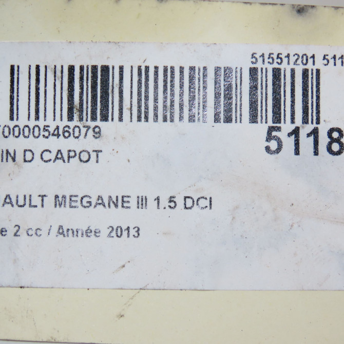 Verin d capot occasion RENAULT MEGANE III Phase 2 01-2012->06-2014 1.5 DCI 110ch 4