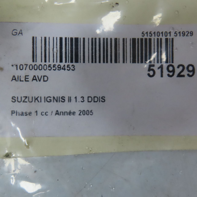 Aile avant droite occasion SUZUKI IGNIS II Phase 1 09-2003->09-2009 1.3 DDIS 5761186G20 5