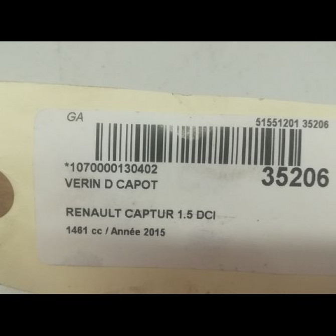 Verin d capot occasion RENAULT CAPTUR Phase 1 02-2013->... 1.5 DCI 90ch 654709991R 2