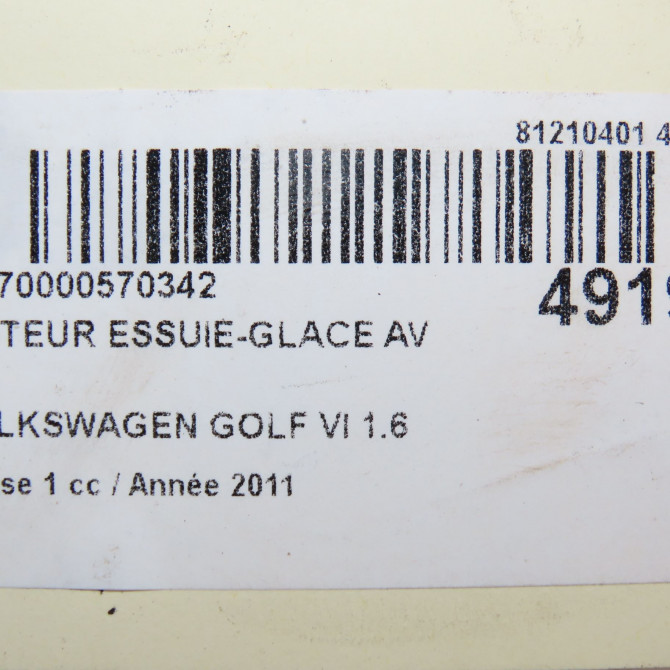Moteur essuie-glace avant occasion VOLKSWAGEN GOLF VI Phase 1 10-2008->04-2013 1.6 TDI 105ch 7