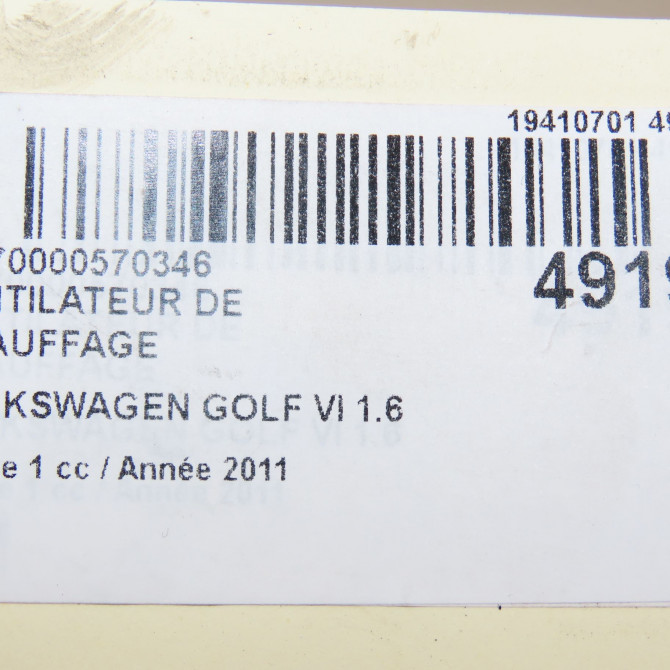 Ventilateur de chauffage occasion VOLKSWAGEN GOLF VI Phase 1 10-2008->04-2013 1.6 TDI 105ch 7