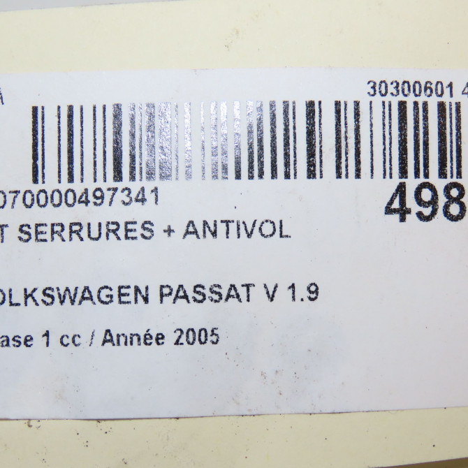 Kit serrures + antivol occasion VOLKSWAGEN PASSAT V Phase 1 03-2005->10-2010 1.9 TDI 105ch 7