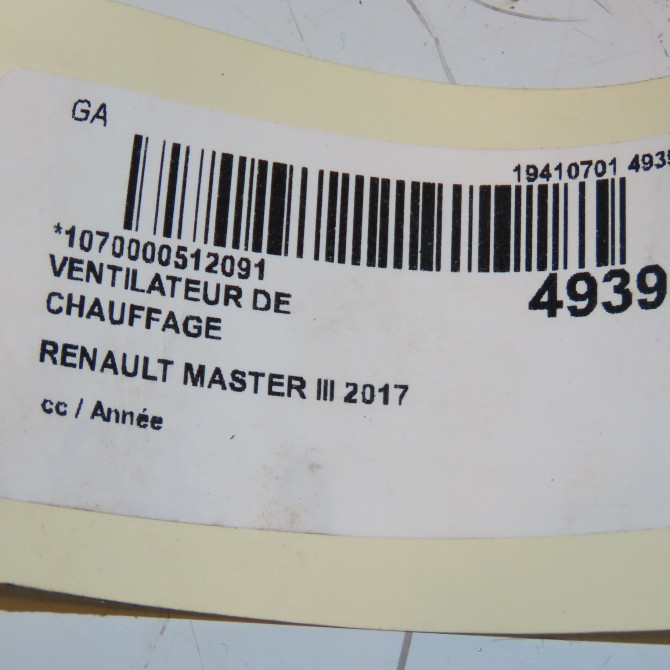 Ventilateur de chauffage occasion RENAULT MASTER III Phase 2 06-2014->... 2.3 DCI 145ch 7701068976 3