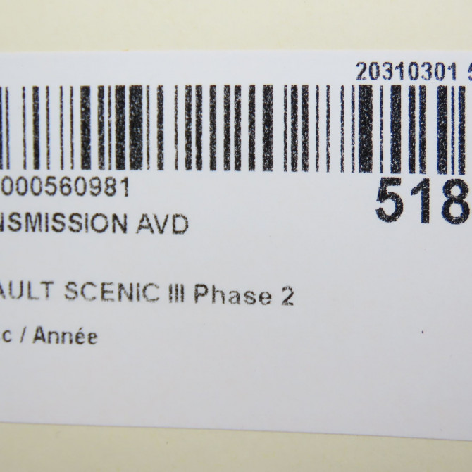 Transmission avant droite occasion RENAULT SCENIC III Phase 2 12-2011->03-2013 391008683R 8