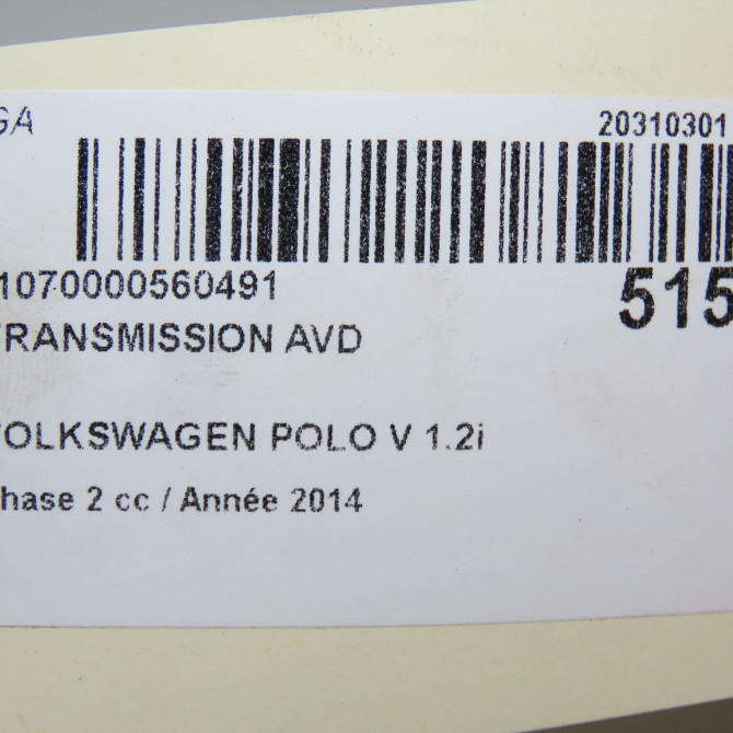 Transmission avant droite occasion VOLKSWAGEN POLO V Phase 2 02-2014->... 1.2i 90ch 6R0407762K 6