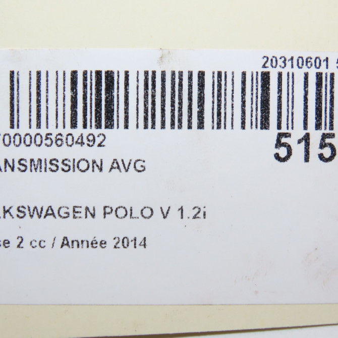 Transmission avant gauche occasion VOLKSWAGEN POLO V Phase 2 02-2014->... 1.2i 90ch 6R0407761K 6