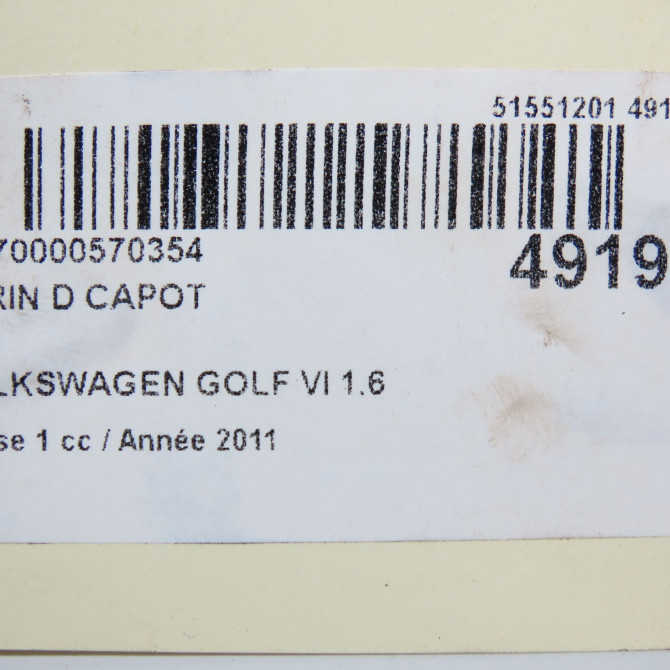 Verin d capot occasion VOLKSWAGEN GOLF VI Phase 1 10-2008->04-2013 1.6 TDI 105ch 3