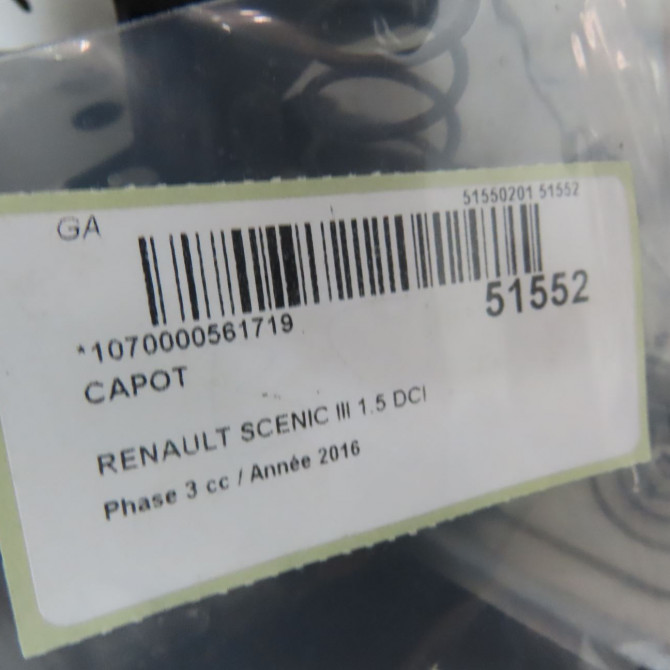 Capot occasion RENAULT SCENIC III Phase 3 04-2013->... 1.5 DCI 110ch 651003439R 4