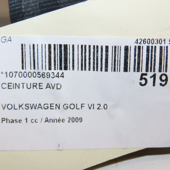 Ceinture avant droite occasion VOLKSWAGEN GOLF VI Phase 1 10-2008->04-2013 2.0 TDI 140ch 1K4857706BMRAA 4
