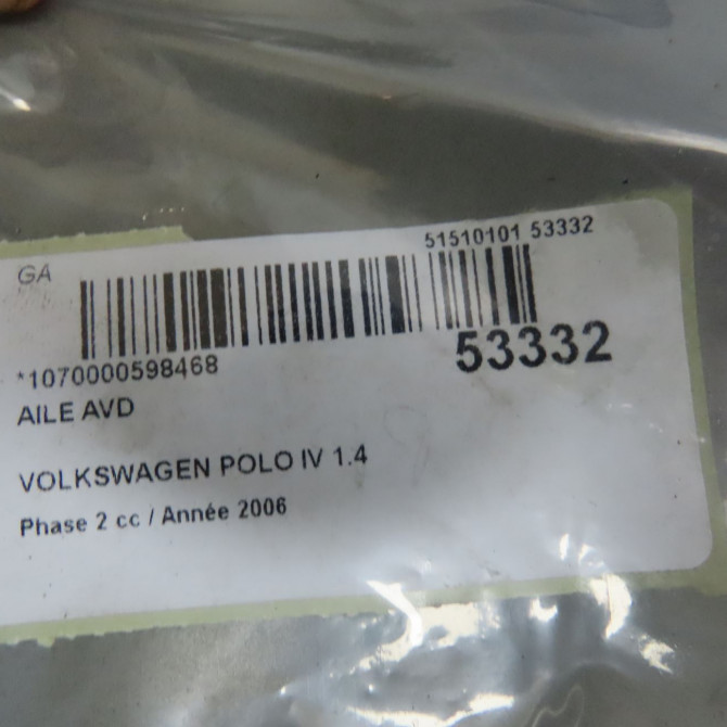 Aile avant droite occasion VOLKSWAGEN POLO IV Phase 2 05-2005->09-2009 1.4 TDI 70ch 6Q0821106E 4
