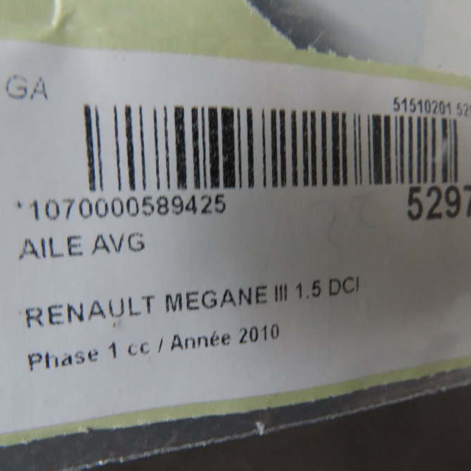 Aile avant gauche occasion RENAULT MEGANE III Phase 1 11-2008->01-2012 1.5 DCI 105ch 631011470R 8