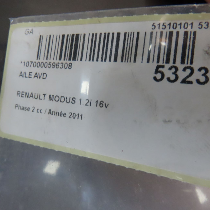 Aile avant droite occasion RENAULT MODUS Phase 2 01-2008->12-2012 1.2i 16v 75ch 631007942R 4