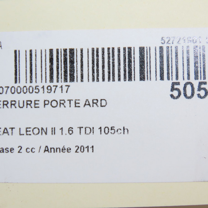 Serrure porte ard occasion SEAT LEON II Phase 2 05-2009->09-2012 1.6 TDI 105ch 1P0839016D 7