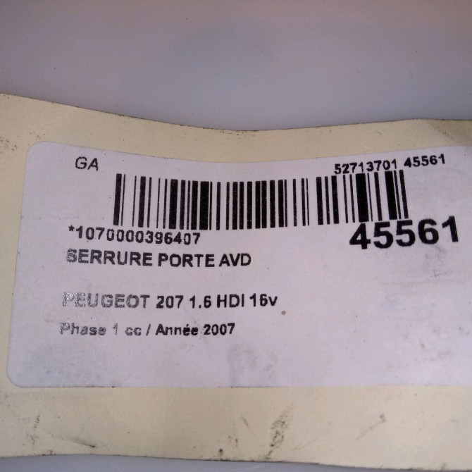 Serrure porte avd occasion PEUGEOT 207 Phase 1 04-2006->06-2013 1.6 HDI 16v 110ch 9136W2 7