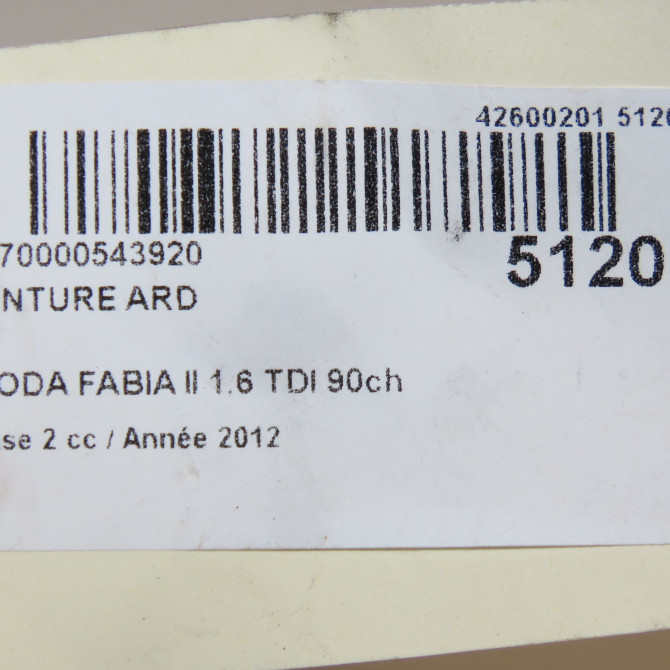 Ceinture arrière droite occasion SKODA FABIA II Phase 2 03-2010->12-2014 1.6 TDI 90ch 5J6857448BRAA 6