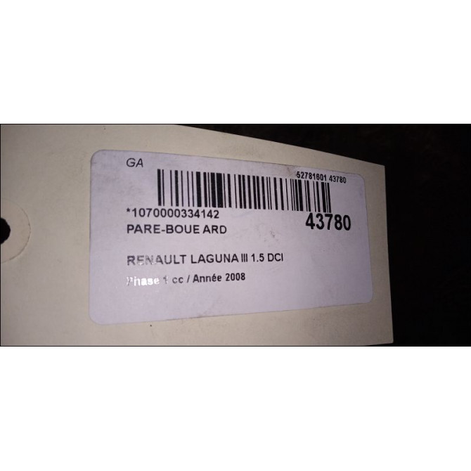Pare-boue arrière droit occasion RENAULT LAGUNA III Phase 1 10-2007->10-2010 1.5 DCI 767460001R 2