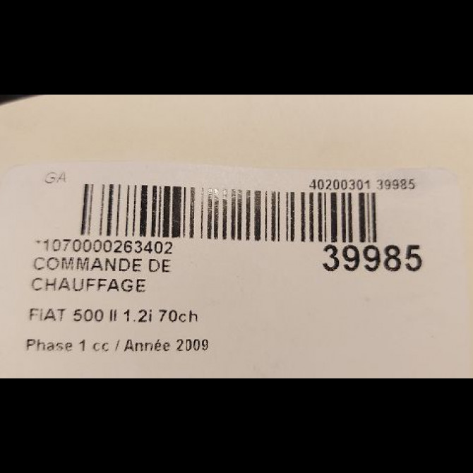 Commande de chauffage occasion FIAT 500 II 500 II Phase 1 2007-07-01->2016-03-31 1.2i 70ch 3