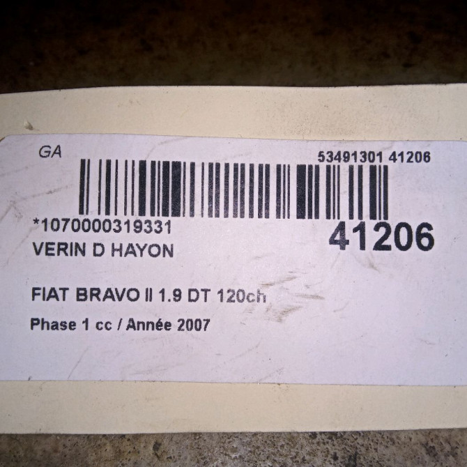 Verin droit hayon occasion FIAT BRAVO II BRAVO II Phase 1 2007-03-01->2011-12-31 1.9 DT 120ch 51812267 2