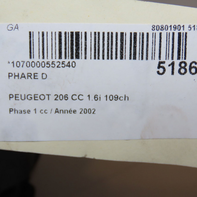 Phare droit occasion PEUGEOT 206 CC Phase 1 10-2000->03-2007 1.6i 109ch 6205S9 5