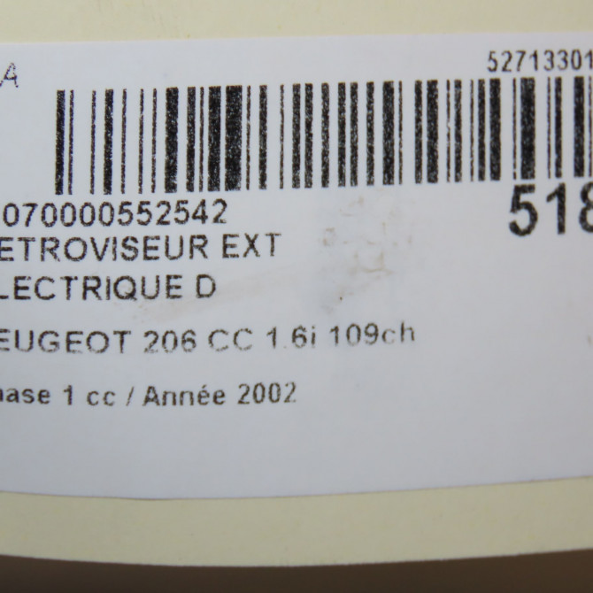 Retroviseur exterieur electrique droit occasion PEUGEOT 206 CC Phase 1 10-2000->03-2007 1.6i 109ch 8149JW 5