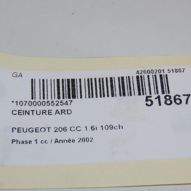 Ceinture arrière droite occasion PEUGEOT 206 CC Phase 1 10-2000->03-2007 1.6i 109ch 8974HV 3