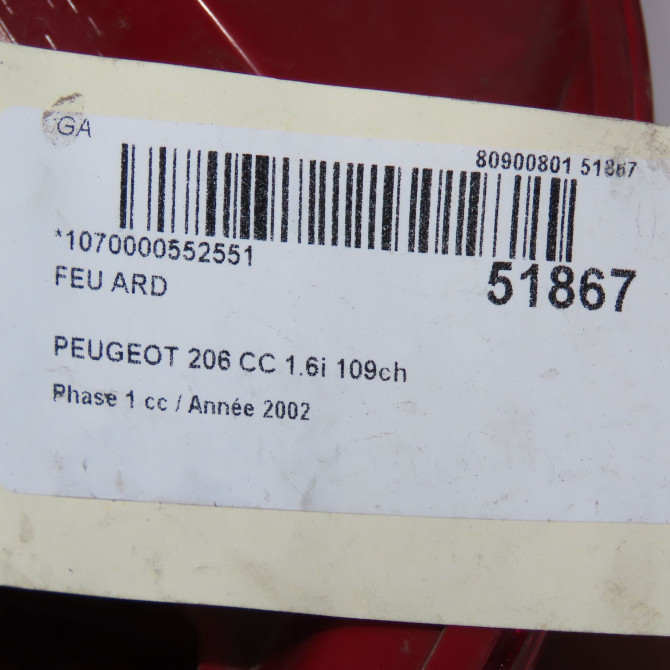 Feu arrière droit occasion PEUGEOT 206 CC Phase 1 10-2000->03-2007 1.6i 109ch 6351N7 4