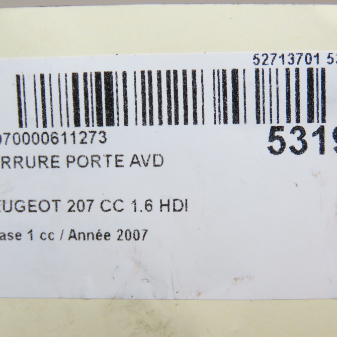 Serrure porte avd occasion PEUGEOT 207 CC Phase 1 03-2007->... 1.6 HDI 112ch 9136AC 8