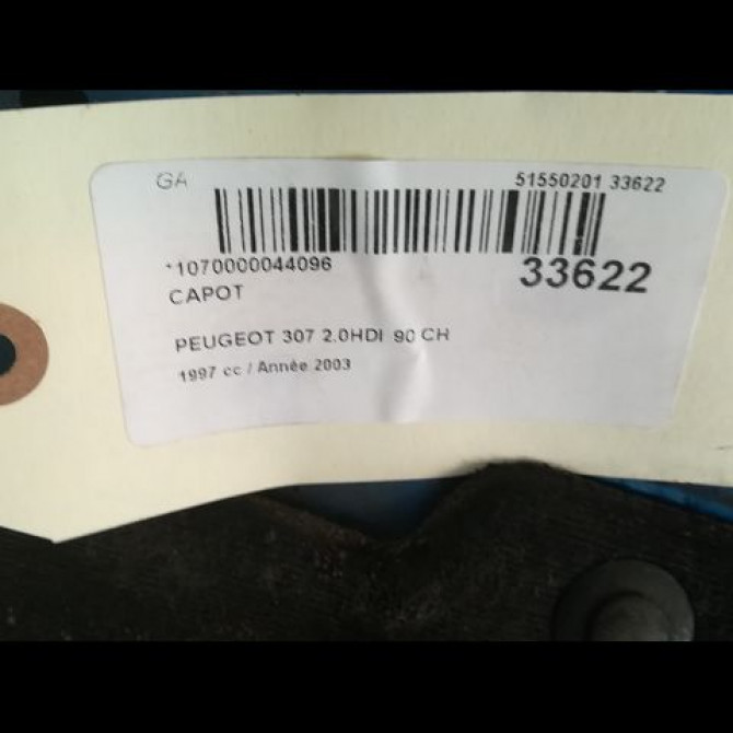 Capot occasion PEUGEOT 307 Phase 1 04-2001->06-2005 1.4 HDI 8v 70ch 7901J0 3