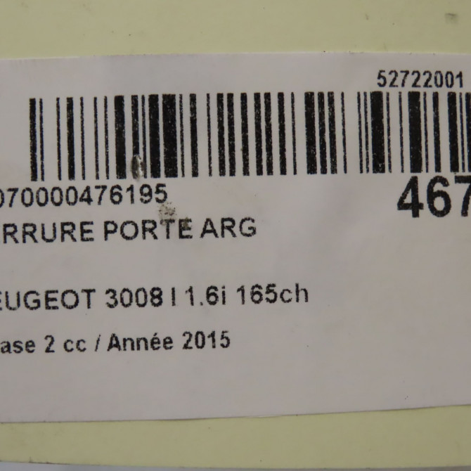 Serrure porte arg occasion PEUGEOT 3008 I Phase 2 11-2013->... 1.6i 165ch 9800623780 5