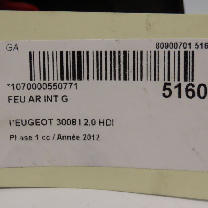 Feu arrière interieur gauche occasion PEUGEOT 3008 I Phase 1 04-2009->12-2013 2.0 HDI 150ch 6350HE 5