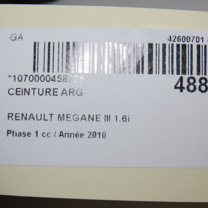 Ceinture arrière gauche occasion RENAULT MEGANE III Phase 1 11-2008->01-2012 1.6i 16v 110ch 888407597R 3