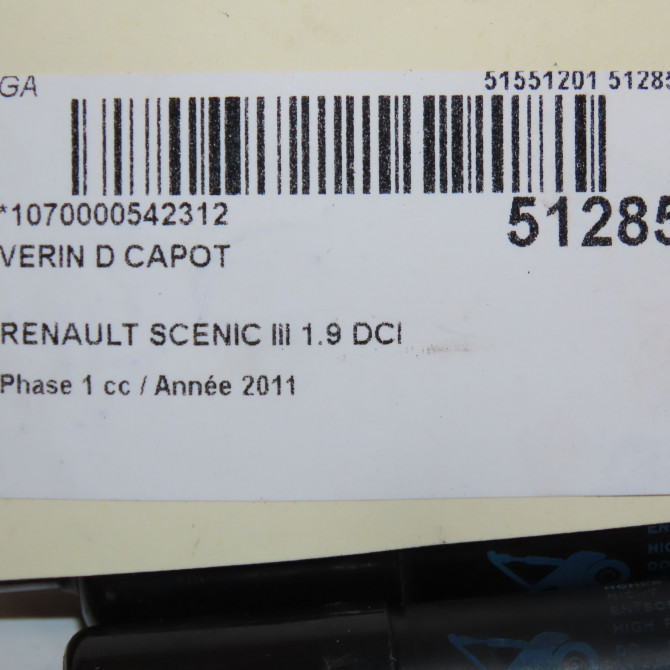 Verin d capot occasion RENAULT SCENIC III Phase 1 04-2009->11-2011 1.9 DCI 130ch 654700008R 3