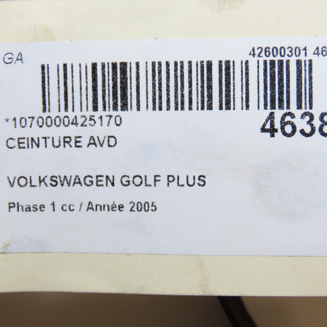 Ceinture avant droite occasion VOLKSWAGEN GOLF PLUS Phase 1 03-2005->03-2009 1.9 TDI 105ch 5M1857706DRAA 7